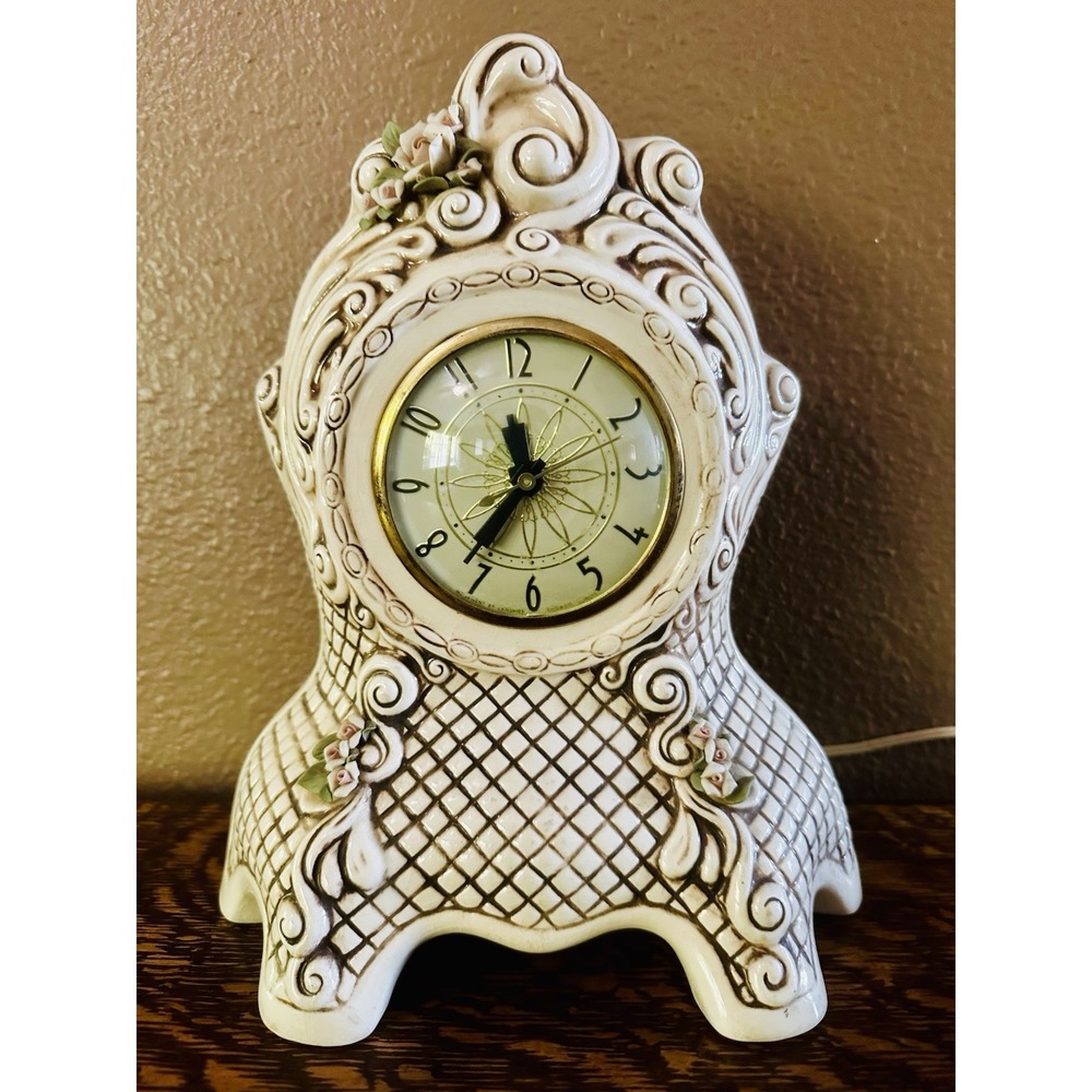 Vintage Mantle Clock Movement By Lanshire Electric Victorian Cream Floral Tested